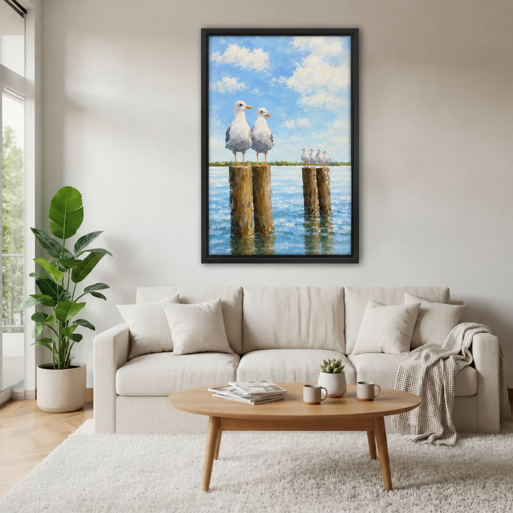 Seagull canvas wall art in a black frame above a cream sofa, with a wooden coffee table and houseplant.