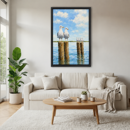 Seagull canvas wall art in a black frame above a cream sofa, with a wooden coffee table and houseplant.