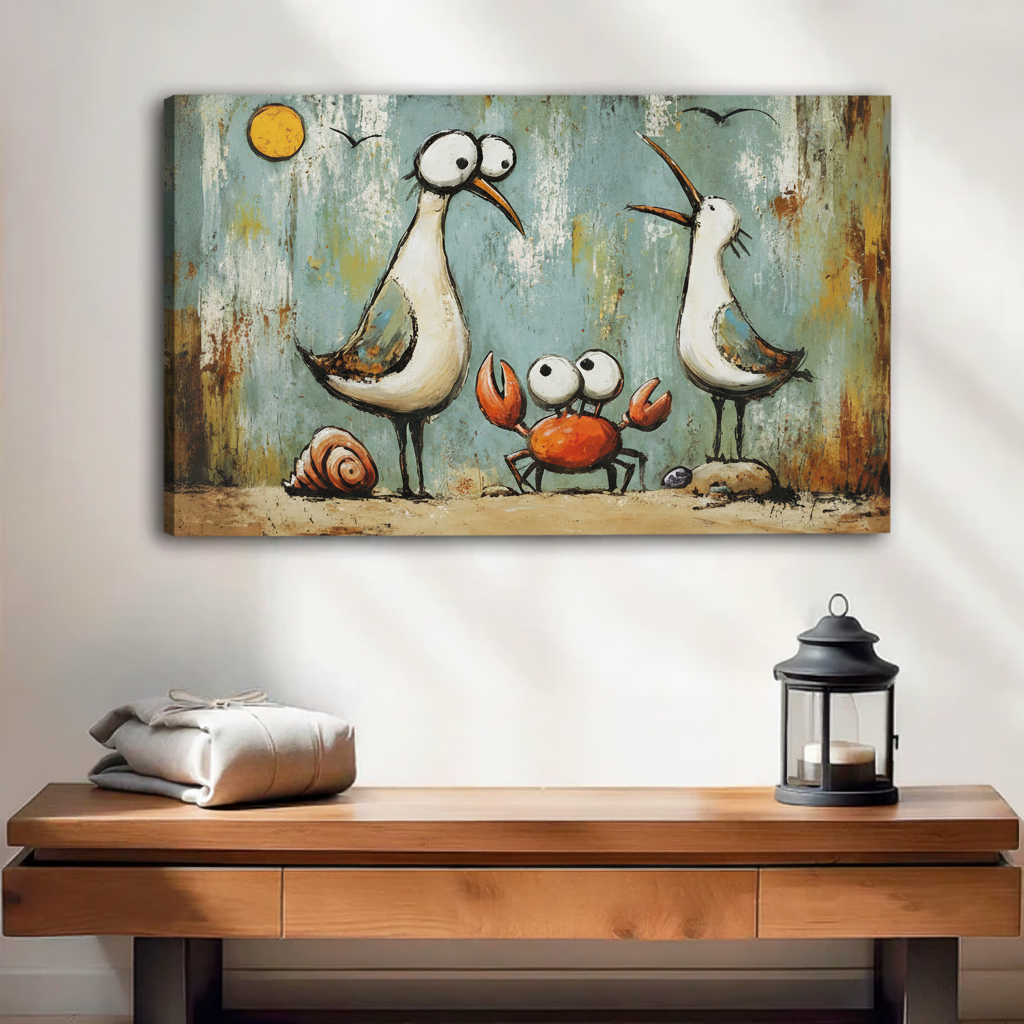  Frameless canvas wrap of funny seagull crab beach scene, rustic distressed coastal wall art for