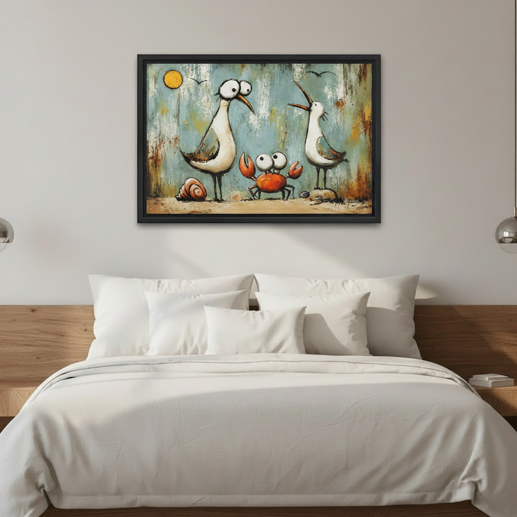 Whimsical seagull and crab coastal framed wall art above white bed, fun beach theme bedroom decor
