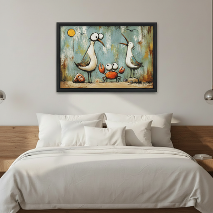  Whimsical seagull and crab coastal framed wall art above white bed, fun beach theme bedroom decor