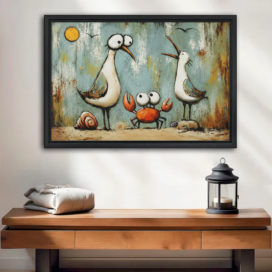  Whimsical seagull and crab cartoon framed wall art above wooden console table, coastal beach home decor