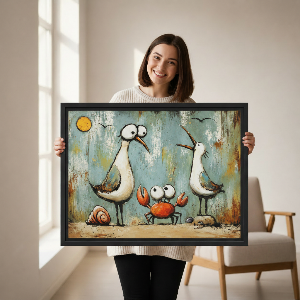  Woman holding large seagull and crab framed canvas print, whimsical coastal beach wall art size