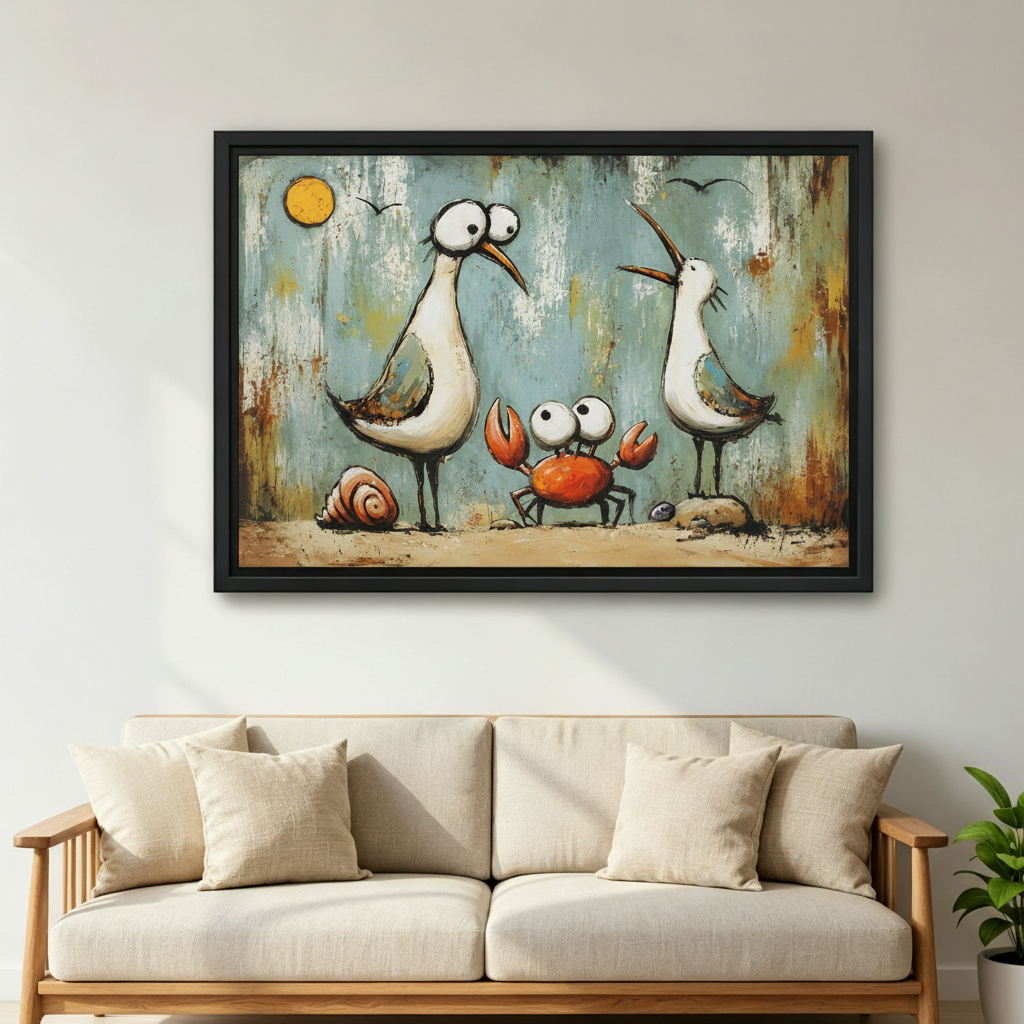  Cartoon seagull crab beach framed art print above linen sofa, quirky coastal wall decor for
