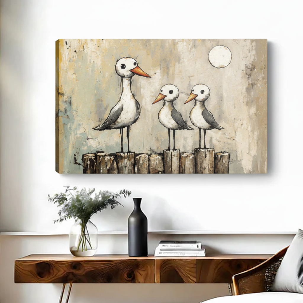 Frameless gallery wrap canvas of seagull family vintage art above wood console in bright minimalist living room