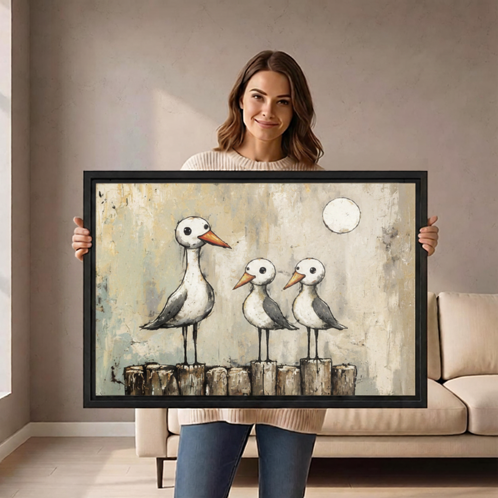 Woman holding large seagull family vintage framed canvas art to show size scale in bright living room