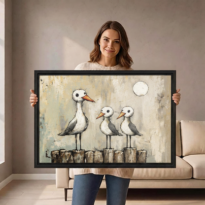 Woman holding large seagull family vintage framed canvas art to show size scale in bright living room
