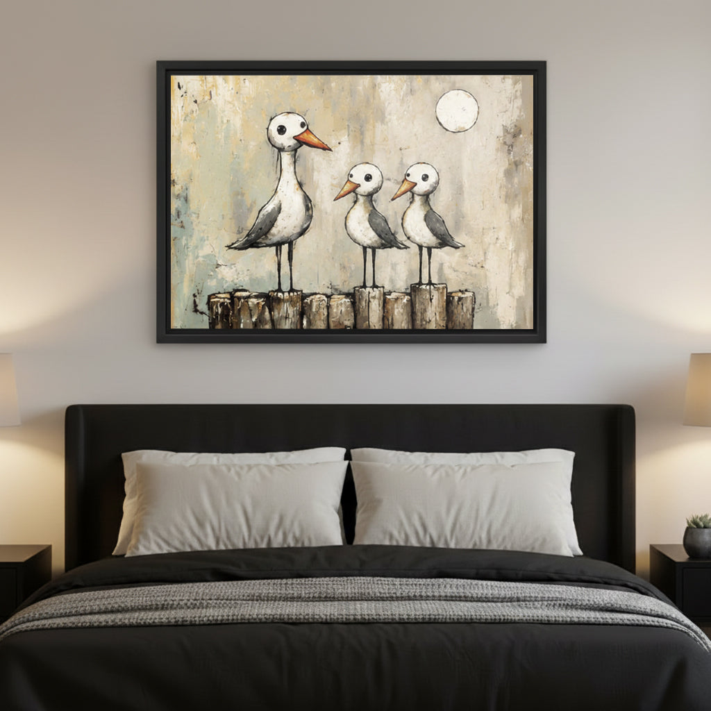 Seagull family vintage framed canvas art centered above dark upholstered bed as coastal bedroom wall decor