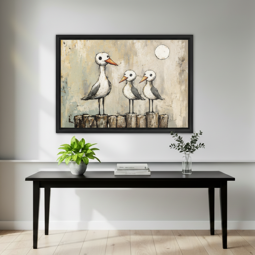 Seagull family vintage framed wall art above black console table with plants in clean modern entryway