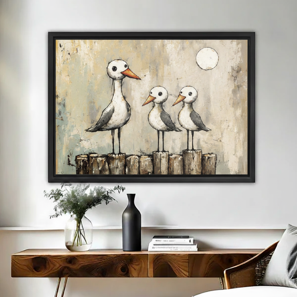 Seagull family vintage framed canvas wall art above rustic wood console with vase in warm neutral living room