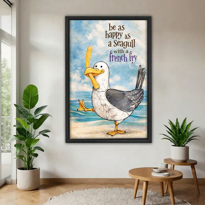 Black-framed seagull French fry wall art hanging between potted plants beside round wooden tables in a bright room.