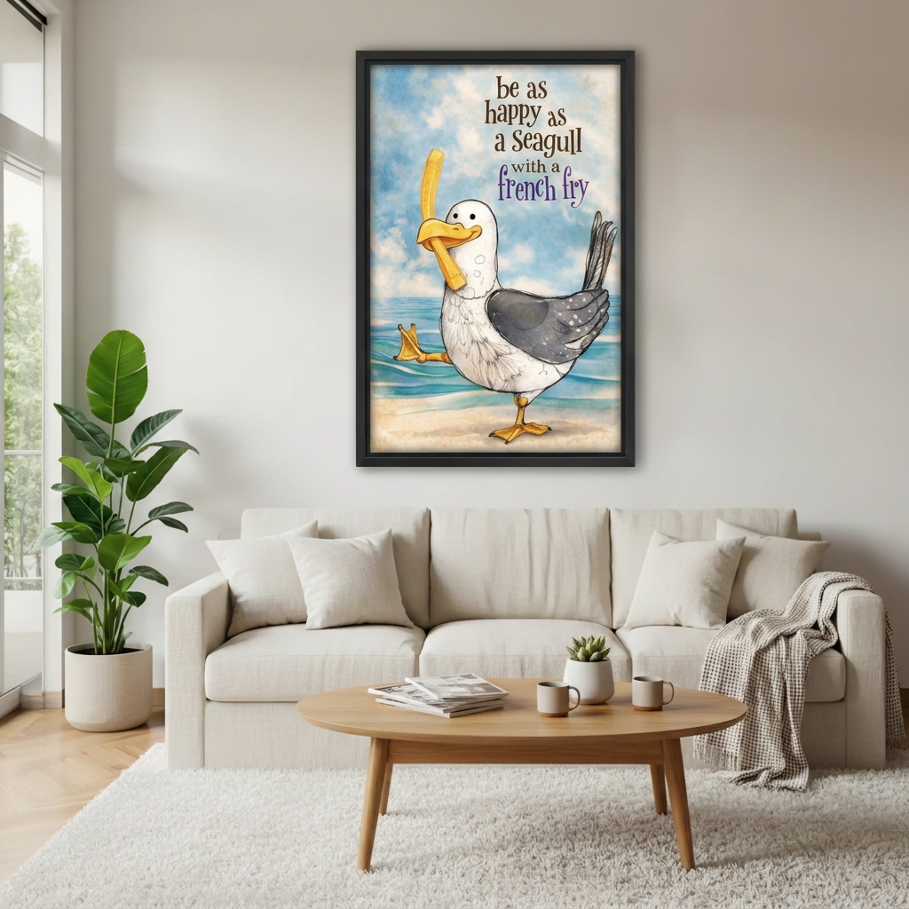 Seagull French fry wall art displayed above a cream sofa with a wooden coffee table and leafy plant