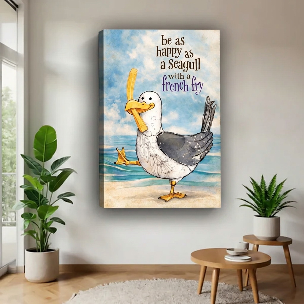 Unframed gallery-wrap seagull French fry wall art with a cheerful quote and ocean backdrop, displayed beside plants.