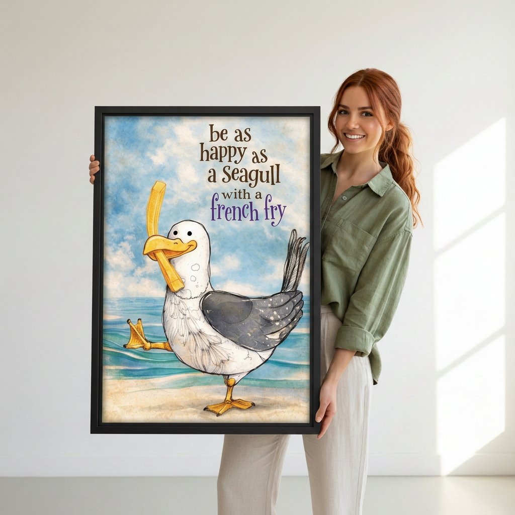 Smiling woman holding black-framed seagull French fry wall art featuring a cartoon seabird, ocean waves, and a happy quote.