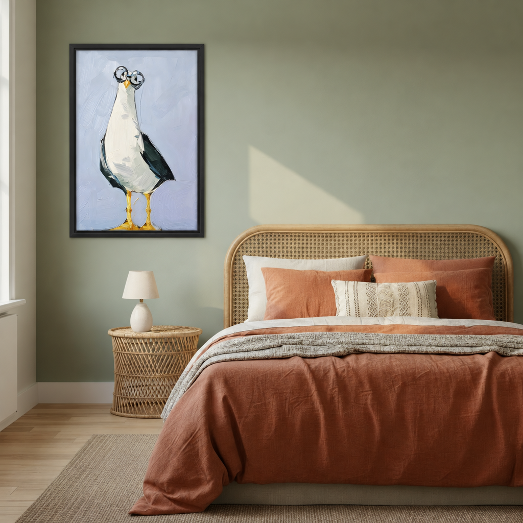 Framed seagull with glasses canvas beside a rattan bed.