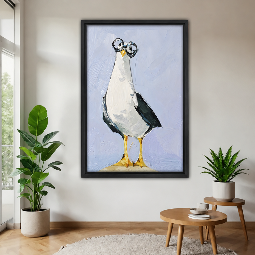  Framed seagull with round glasses canvas beside indoor plants.