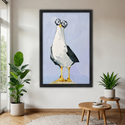  Framed seagull with round glasses canvas beside indoor plants.