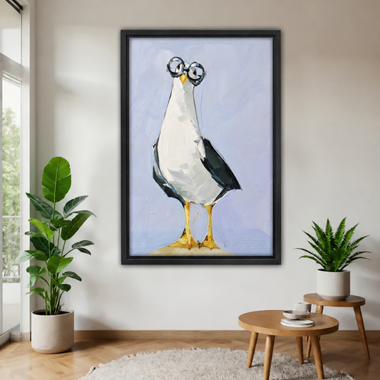  Framed seagull with round glasses canvas beside indoor plants.
