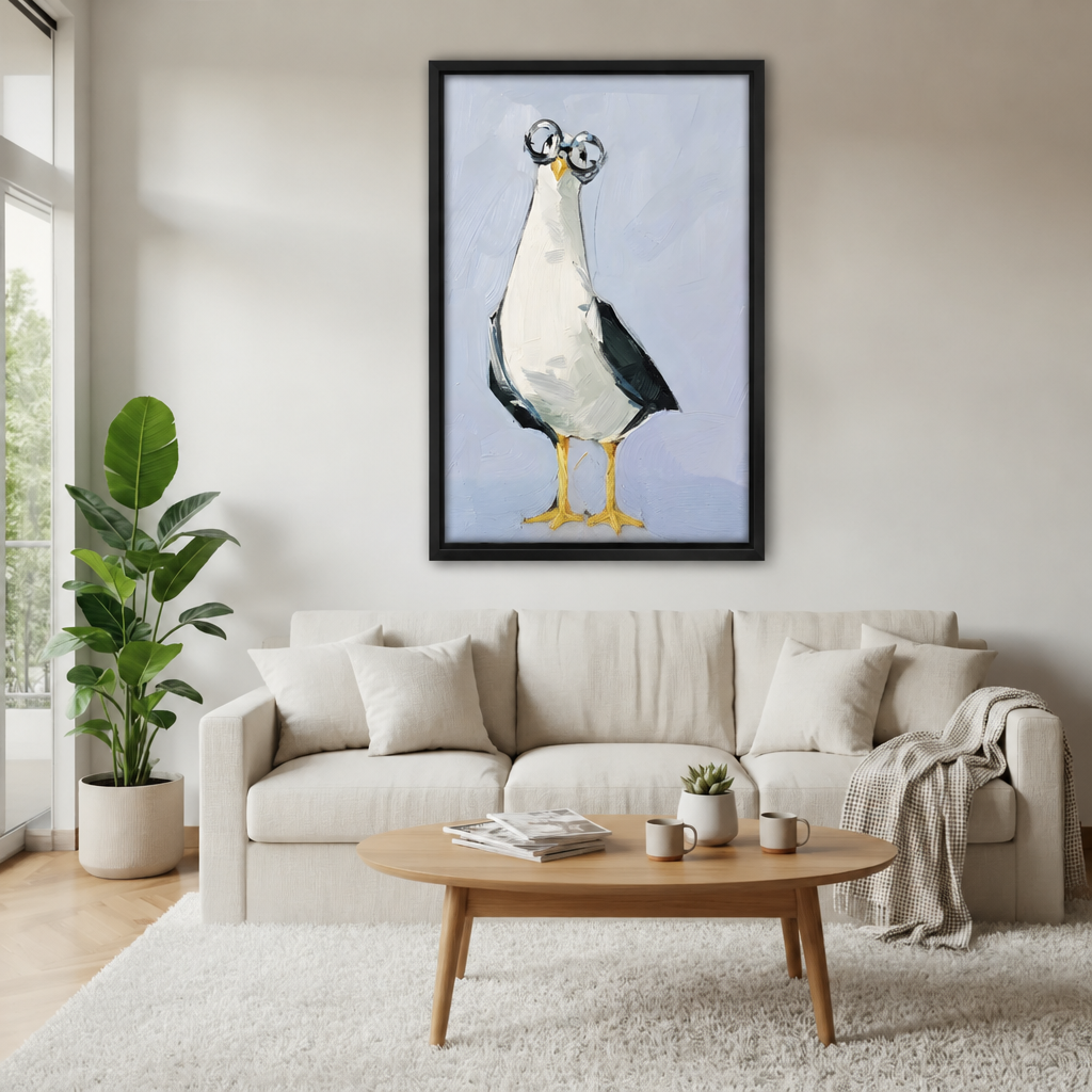 Framed seagull with glasses canvas above a cream sofa.