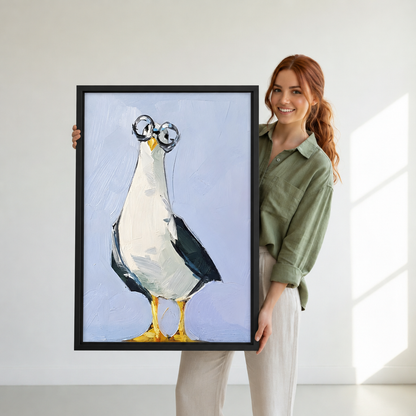 Woman holding framed seagull with glasses canvas wall art.