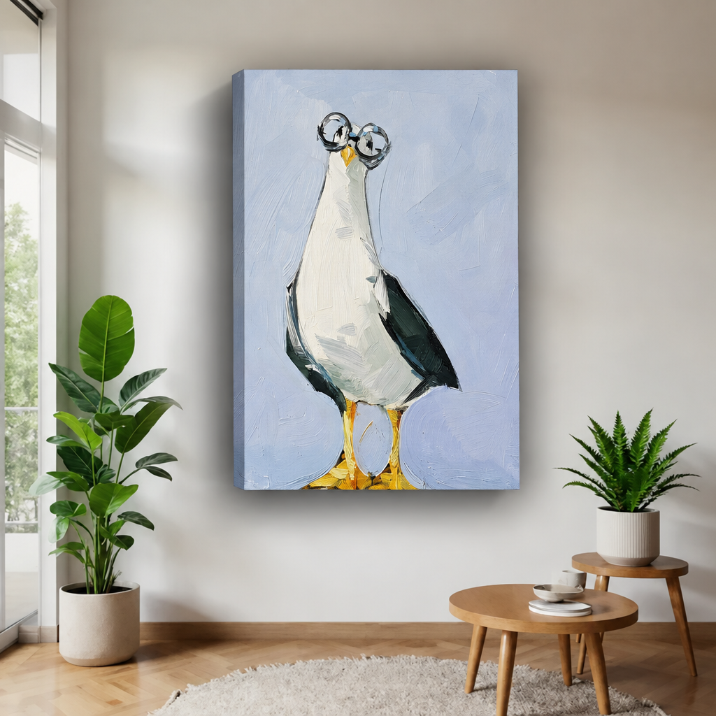 Unframed seagull with glasses canvas on a pale blue background.