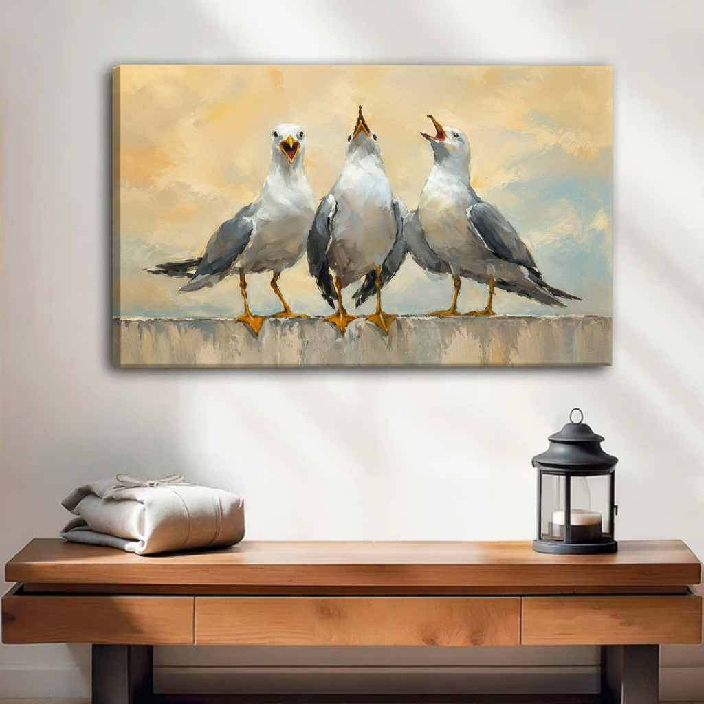 Frameless gallery wrap seagull oil painting canvas print, three coastal birds with open beaks on warm golden sky background, beach home wall decor