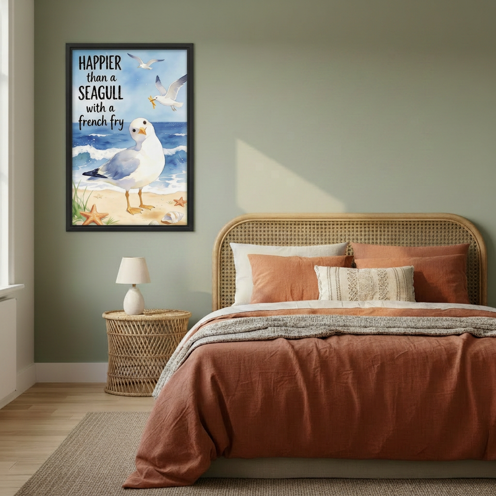 Framed seagull quote canvas wall art on a green bedroom wall beside a rattan bed with terracotta bedding.