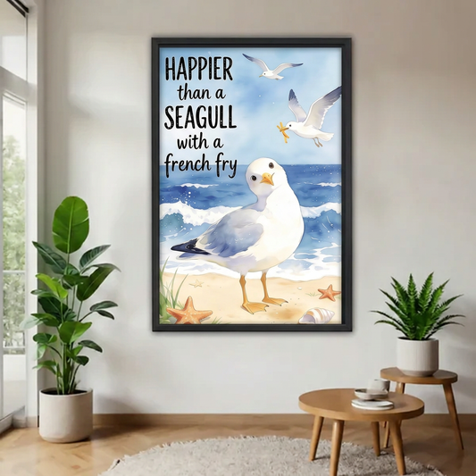 Black-framed seagull quote canvas wall art displayed between potted plants beside a sunny window.