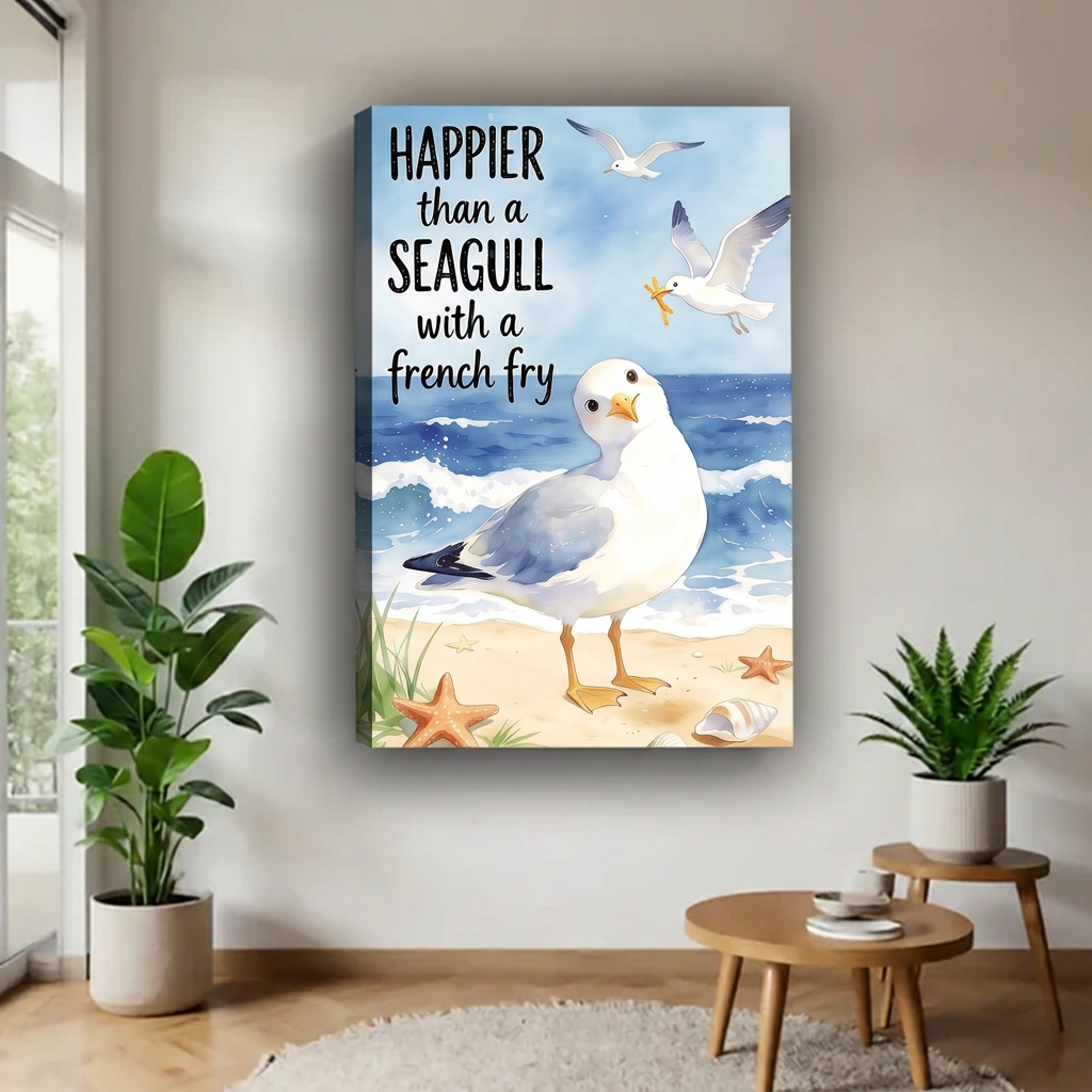 Gallery-wrap seagull quote canvas wall art with visible printed edges displayed above wooden tables beside plants.