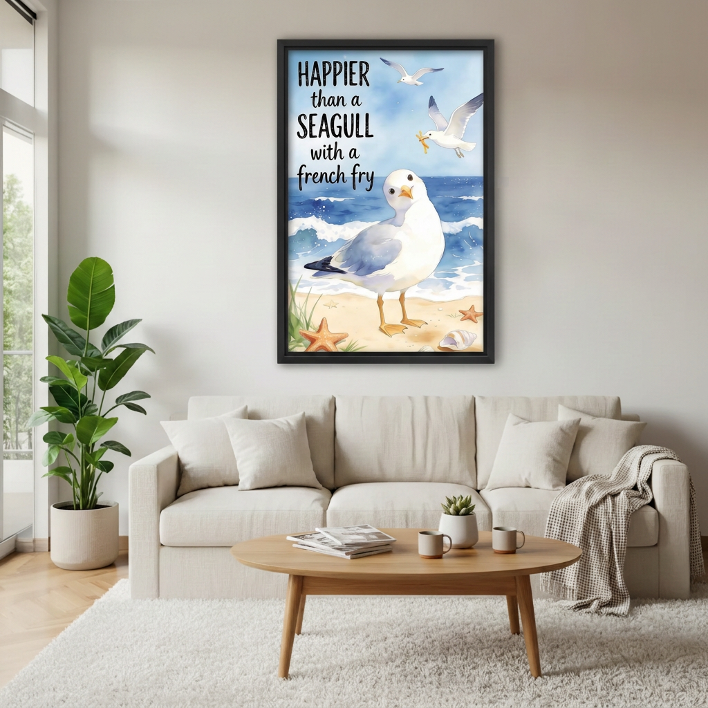 Seagull quote canvas wall art in a black frame above a cream sofa in a bright living room