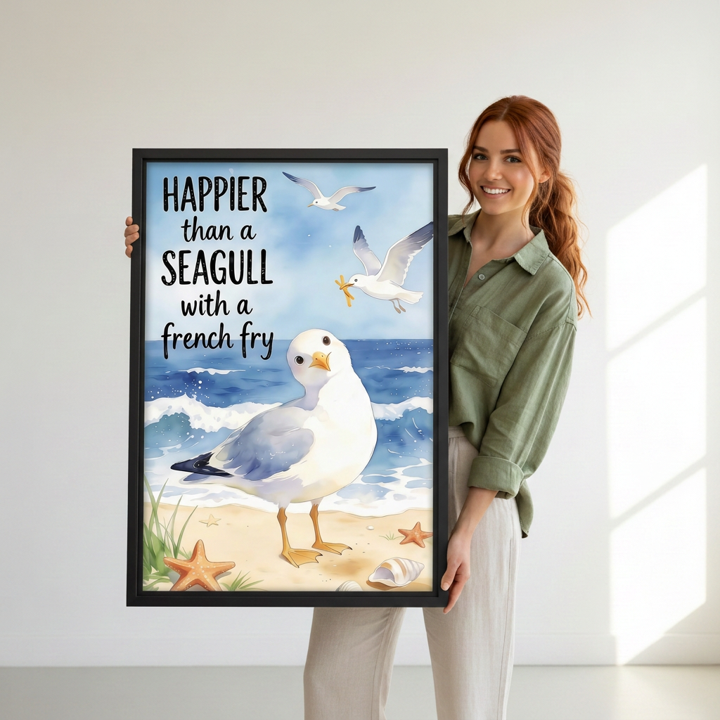 Woman holding black-framed seagull quote canvas wall art featuring ocean waves and a humorous french fry saying.