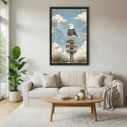 Coastal seagull signpost canvas wall art above a cream living room sofa