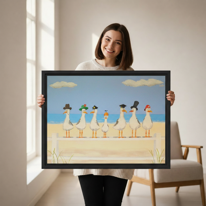  Woman holding large cartoon seagulls in hats framed canvas print, fun coastal beach wall art size reference