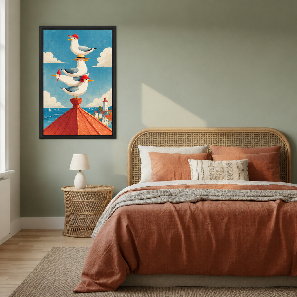 Framed seagulls lighthouse canvas wall art displayed above a rattan bed in a cozy coastal bedroom