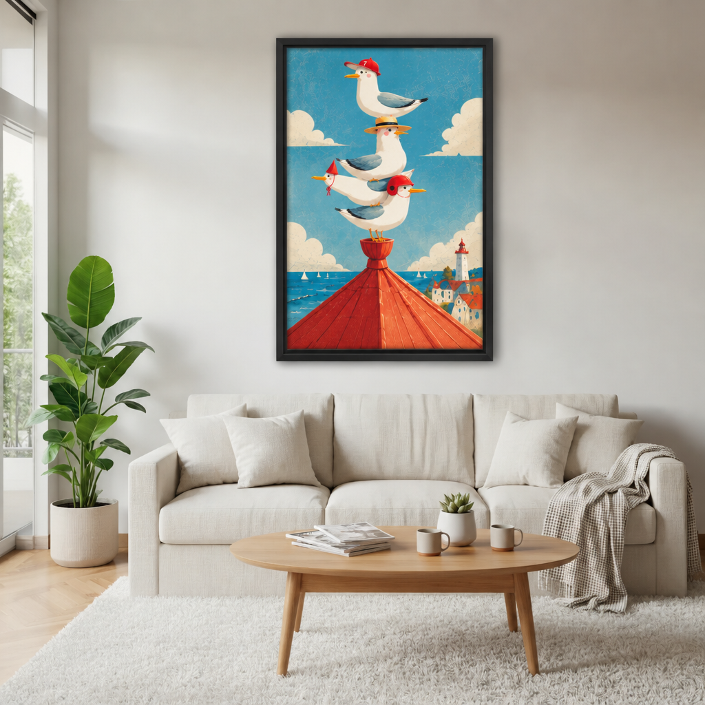 Framed seagulls lighthouse canvas wall art displayed above a white living room sofa