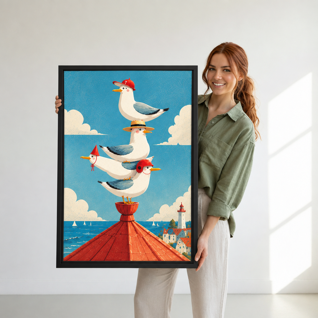 Woman holding large framed seagulls lighthouse canvas wall art with a bright coastal scene