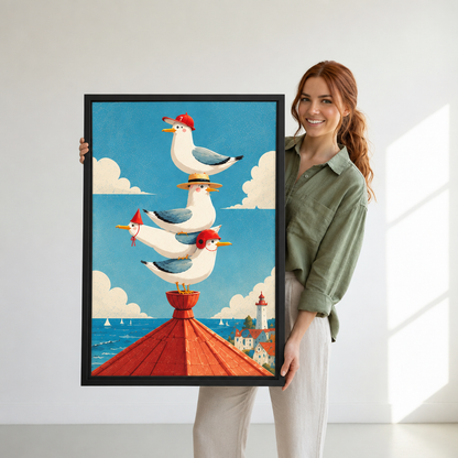 Woman holding large framed seagulls lighthouse canvas wall art with a bright coastal scene