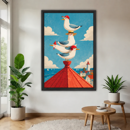 Black framed seagulls lighthouse canvas wall art displayed in a bright plant-filled living room