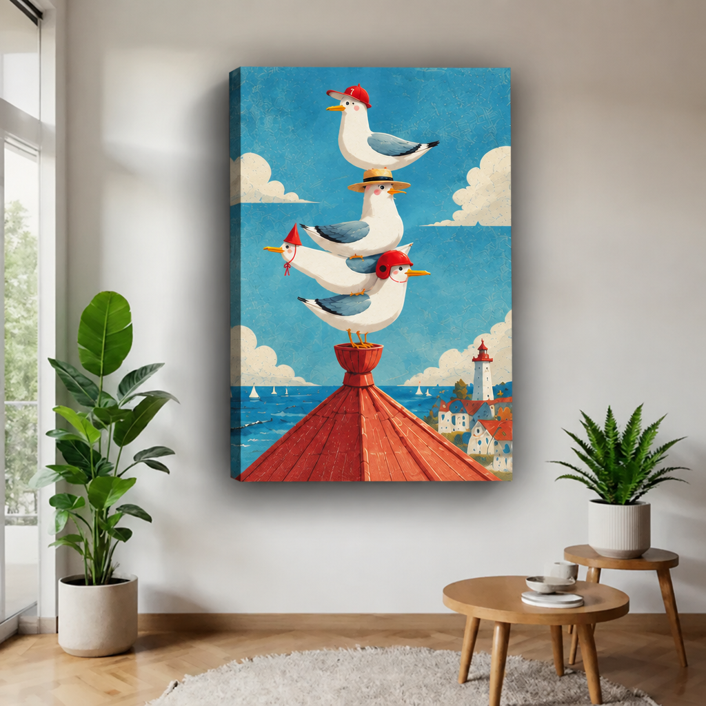 Seagulls lighthouse gallery-wrap canvas featuring four birds in hats above a red seaside roof