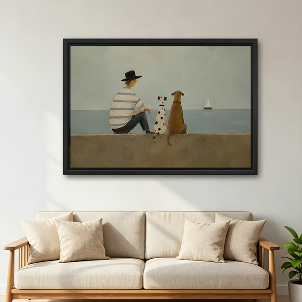 Gallery-wrap seaside dogs canvas wall art displayed above a wooden console with folded fabric and a black lantern.