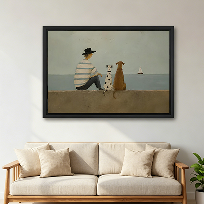 Gallery-wrap seaside dogs canvas wall art displayed above a wooden console with folded fabric and a black lantern.
