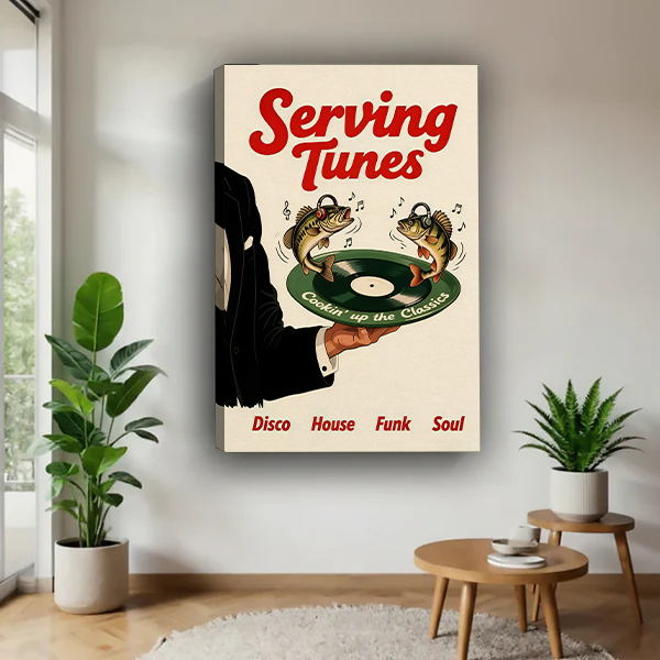 Framed Serving Tunes music canvas wall art with red lettering above a cream living room sofa.