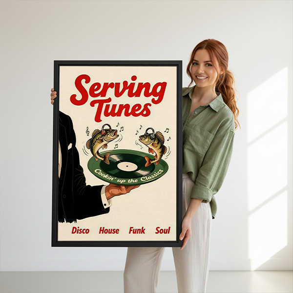 Black-framed Serving Tunes music canvas wall art featuring fish, headphones and a green record tray between plants.