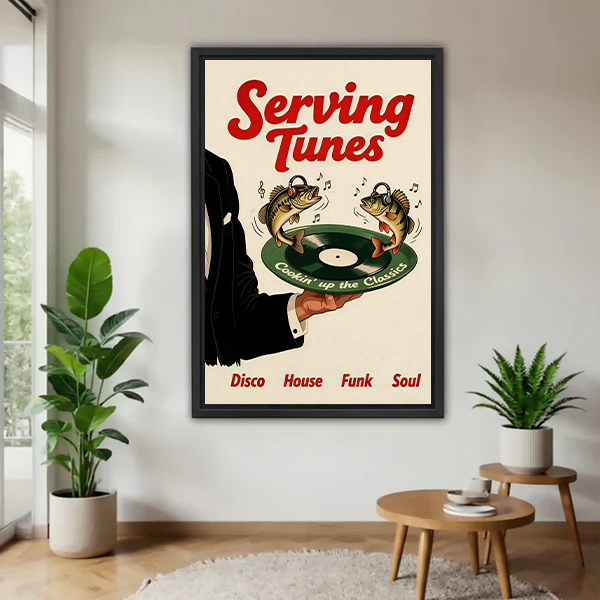 Gallery-wrap Serving Tunes music canvas wall art with headphone-wearing fish and a vinyl record between potted plants.