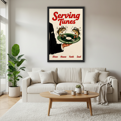Woman holding framed Serving Tunes music canvas wall art with dancing fish and retro red typography.
