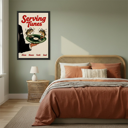 Framed Serving Tunes music canvas wall art on a sage bedroom wall beside a rattan bed.
