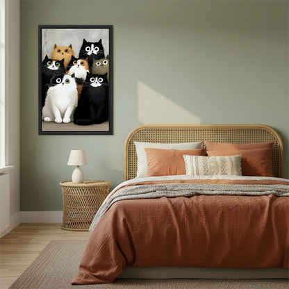 Unframed seven cats canvas wall art displayed between potted plants above small wooden tables in a bright corner.