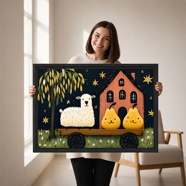 Close view of gallery-wrap sheep and pears wagon canvas wall art showing painted willow tree and cottage