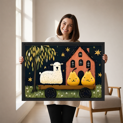 Close view of gallery-wrap sheep and pears wagon canvas wall art showing painted willow tree and cottage