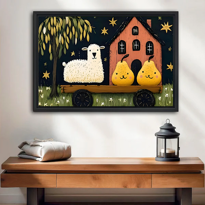 Black framed folk art sheep and pears wagon canvas wall art above a wooden entryway bench with a lantern